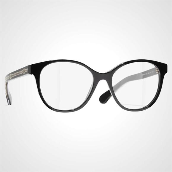 New CHANEL Eyeglasses Black Gold Pantos Rx-able 52-17-140mm